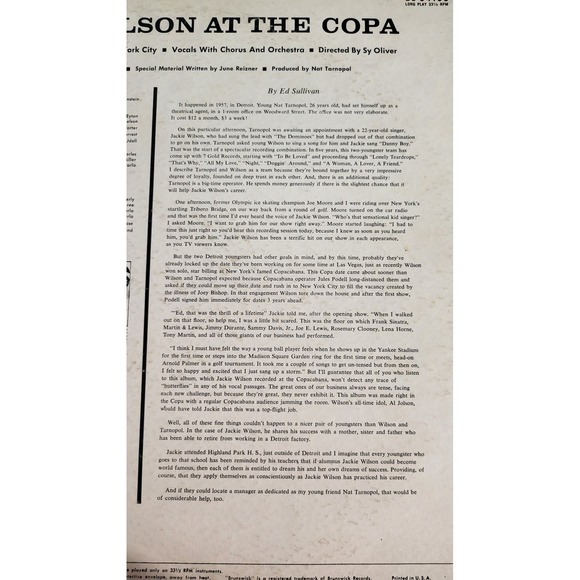 Jackie Wilson At The Copa Brunswick Records Vinyl‎ LP BL 54108  Vocals Orchestra - Picture 9 of 9